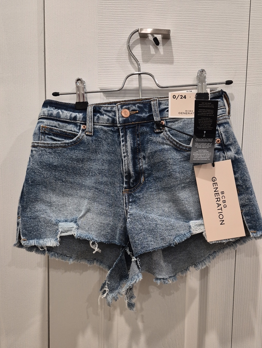 BCBGeneration Distressed Light Blue Frayed Denim Shorts
